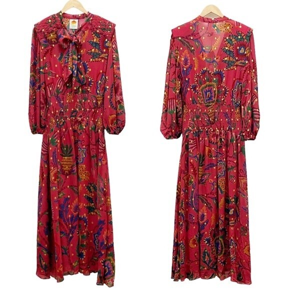 NWT Farm Rio Sunset Tapestry Floral Long Sleeve Boho Maxi Dress Warm Red Size XS - Picture 3 of 16